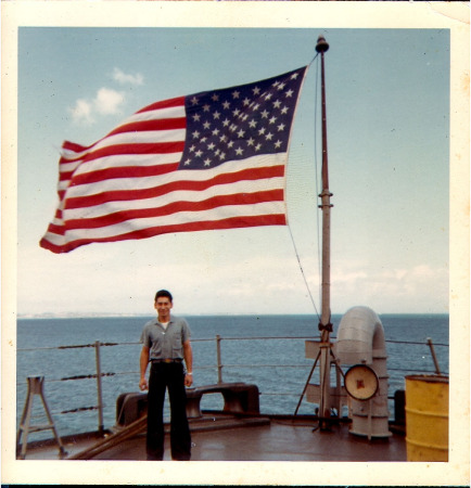 On the fantail of the USS Bayfield APA33