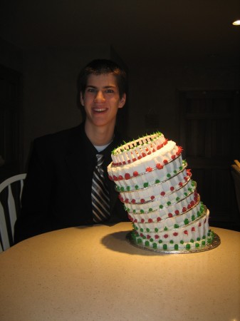 Hunter on his 18th w/ Leaning Tower cake