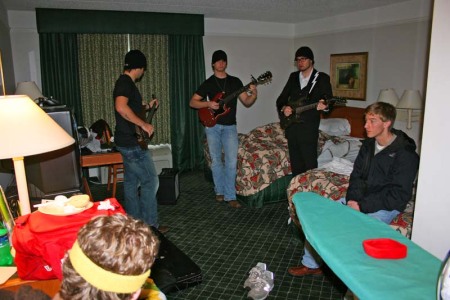 My sons band in a hotel room warming up