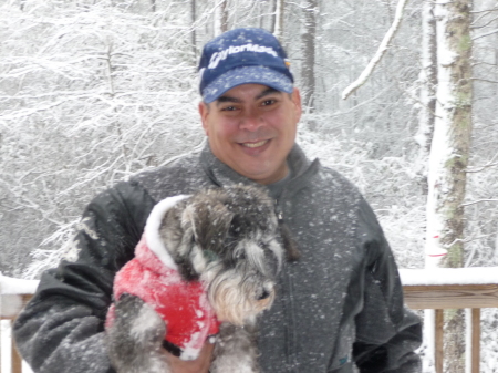 Jim with Bella in heavy snow 2009