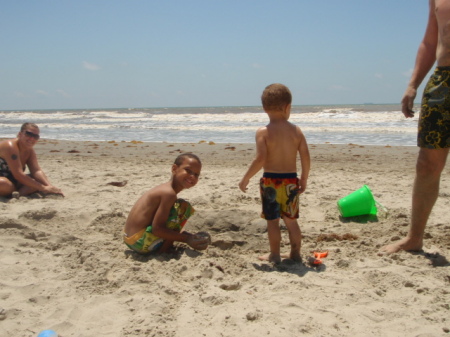 My boys building a sand catle at Galveston Bch