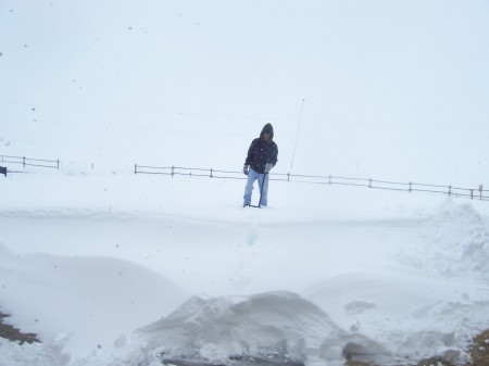 My son on drift outside the front door