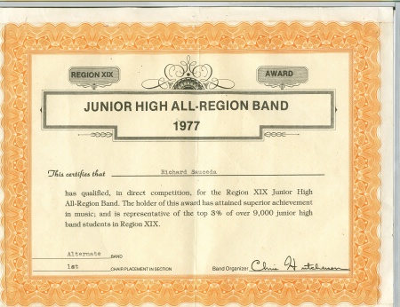 8th Grade All Region Band Certificate