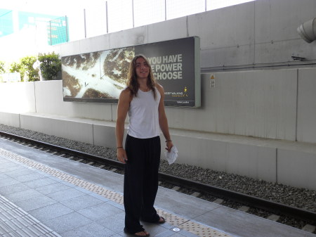 My son at the Athens airport train station