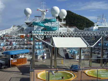 The pools and slides on the cruise ship