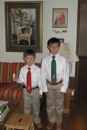 Luke and Jake dressed for Christmas 2009.