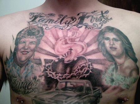 Joey's chest Tattoo's  Of My mom,me,his truck