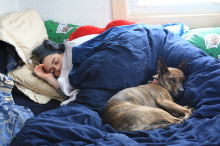 My wife and dog during the snow storm.