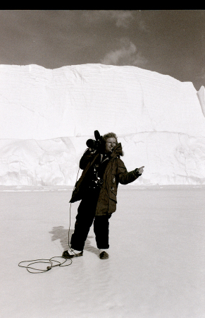Mel Hitching a ride in Antarctica.