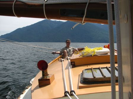 Sailing a Cape Cod Catboat on Kootenay Lake.