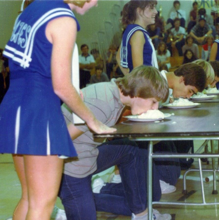 pie eating at pep-rally-yummy