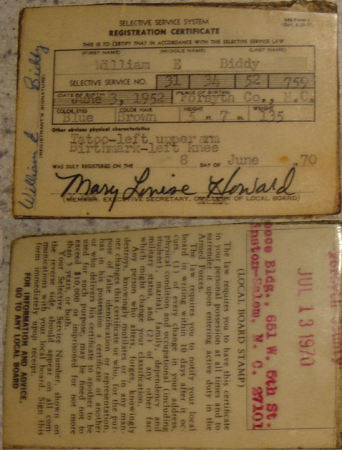 Selective Service Draft Registration Card 1970