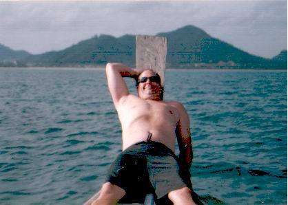 Cary on pulpit of boat- Thailand 2005