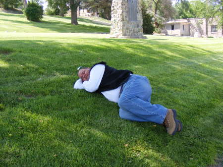 A little nap while on a motorcycle vacation.