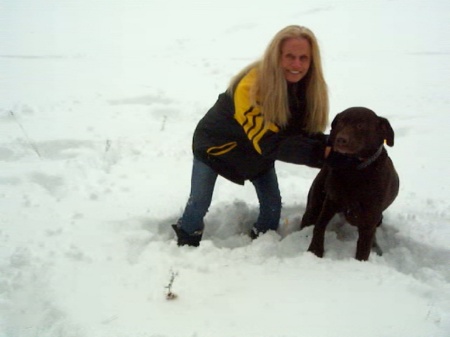 Johns dog Dear and I on the iced lake in his y