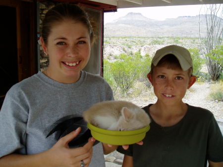 Kids with kitty in a bowl, Terlingua Texas