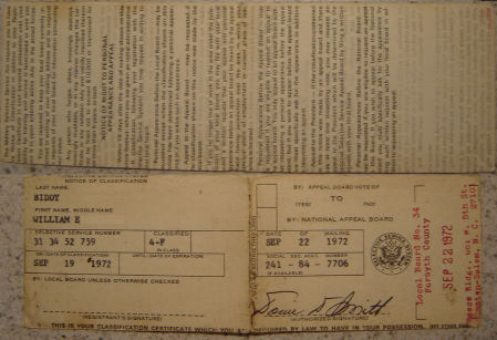 Selective Service Classification Card 1972