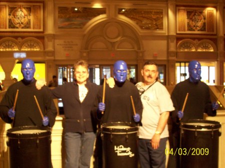 My husband and I with the Blue Man group
