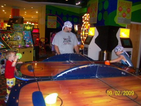 Chris and the boys in the hotel arcade