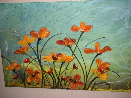 Turquoise and orange floral painting 09