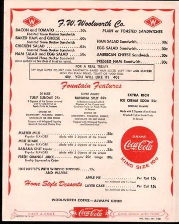 1950's Woolworth Menu