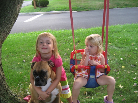 My granddaughters Mia and Meryn, and dog Oscar