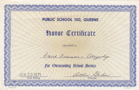 P.S 150 Honor Certificate  1971