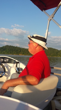 No hands Mom , Steve enjoying the Pontoon