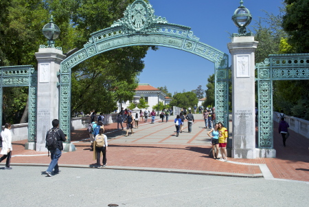 Twins wearing USC stuff at UC Berkeley