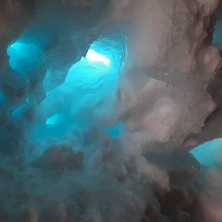 Sunshine creates blue ice inside the glacier.