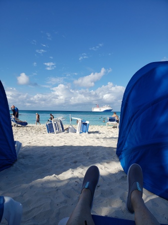 Bahamas beach looking out on our cruiseship