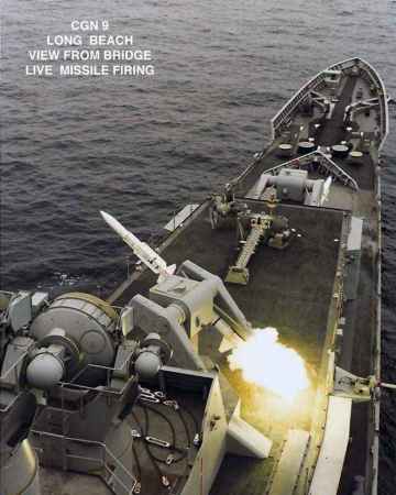 USS Long Beach CGN-9 firing Missile in 1974