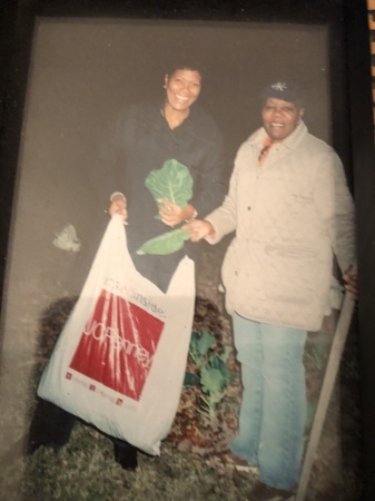 Mom and I in her garden.  Best collard greens!