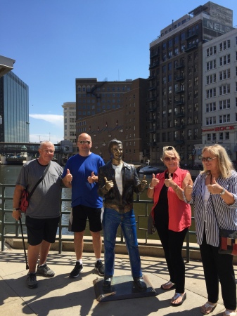 Jim, Mark, "the Fonz" statue, Dalia & Grazina