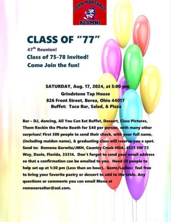 Class of '77 John Marshall High School Reunion ('75- '78 Invited) See photo for  info)