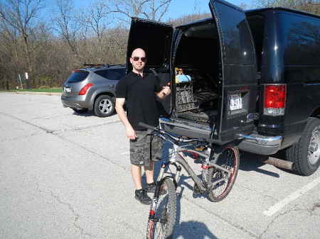 My son with new mountain bike,