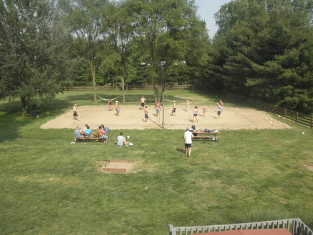 Our backyard, enjoying some volleyball!