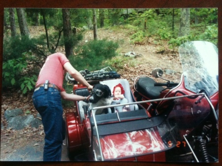 Bev and Spot in our 1st sidecar 1988
