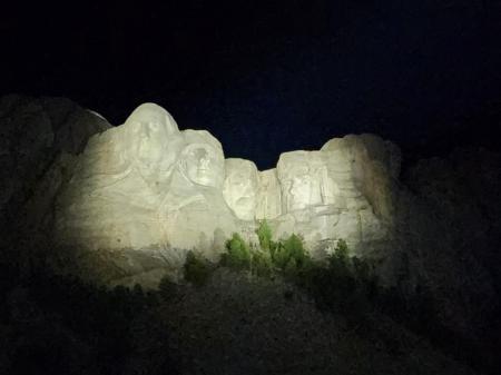 The Mt Rushmore monument at night.