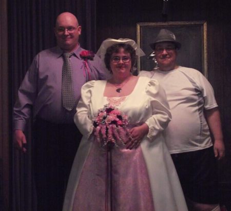 Wedding Photo with husband (in the purple shirt) and our best friend (died in Feburary)