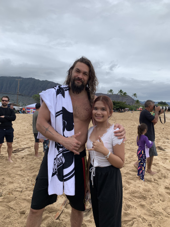 Daughter and Aquaman.  Makaha Beach dec 2021 