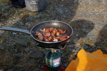 Cooking some bacon on our camping trip