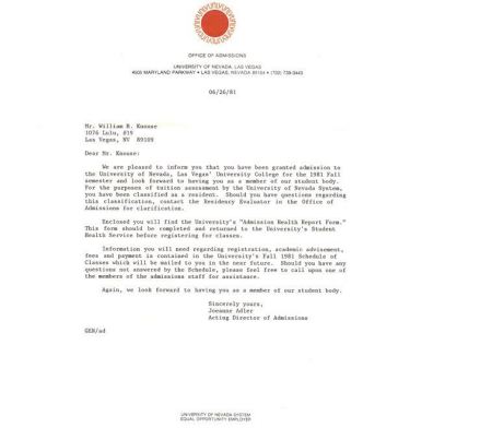 U.N.L.V. Admissions Letter 1981
