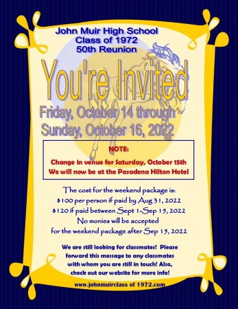 CHANGE IN VENUE FOR SATURDAY 10/15/22 JMHS Class of 1972 50th Reunion Weekend