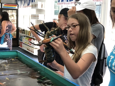 my nina staring down a live lobster at the cap