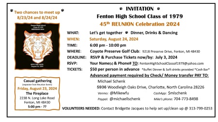 Fenton High School Reunion Aug 24, 2024 