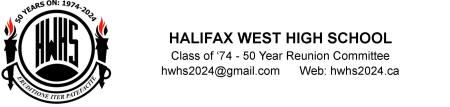 HWHS Class of 1974 50 Year Reunion, July 11-13, 2024