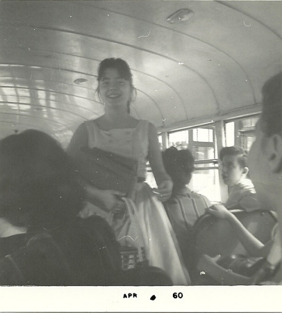 Joanne Gregg on school bus-1960