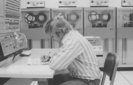 Dennis at work debugging on IBM 360-50.