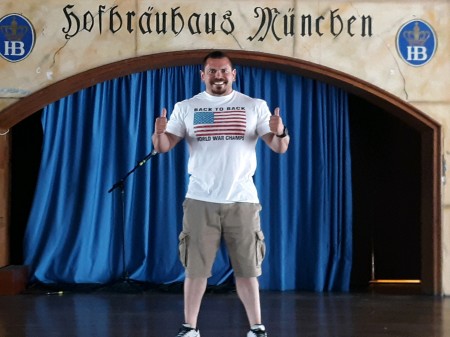 My son on the stage where Hitler spoke